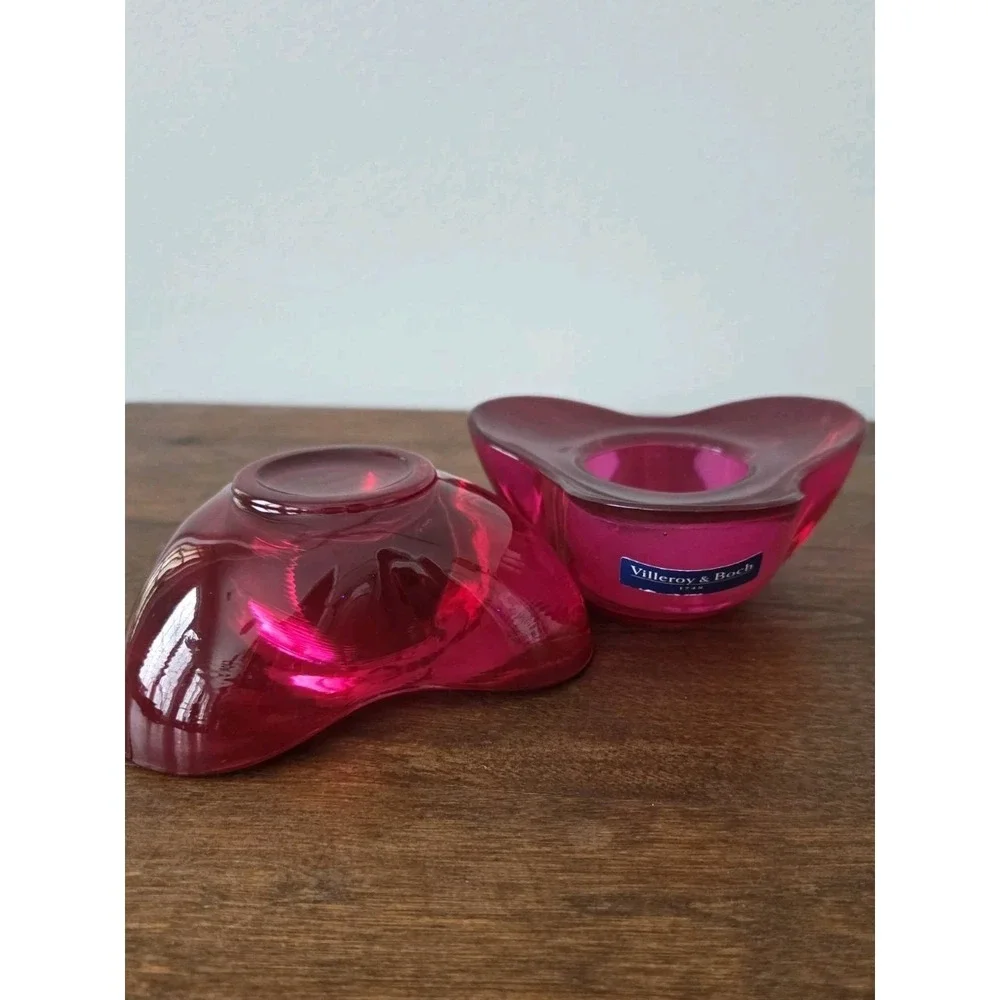 Pair Villeroy & Boch - Clover Trefoil Red Glass Votive Tea Light Candle Holder